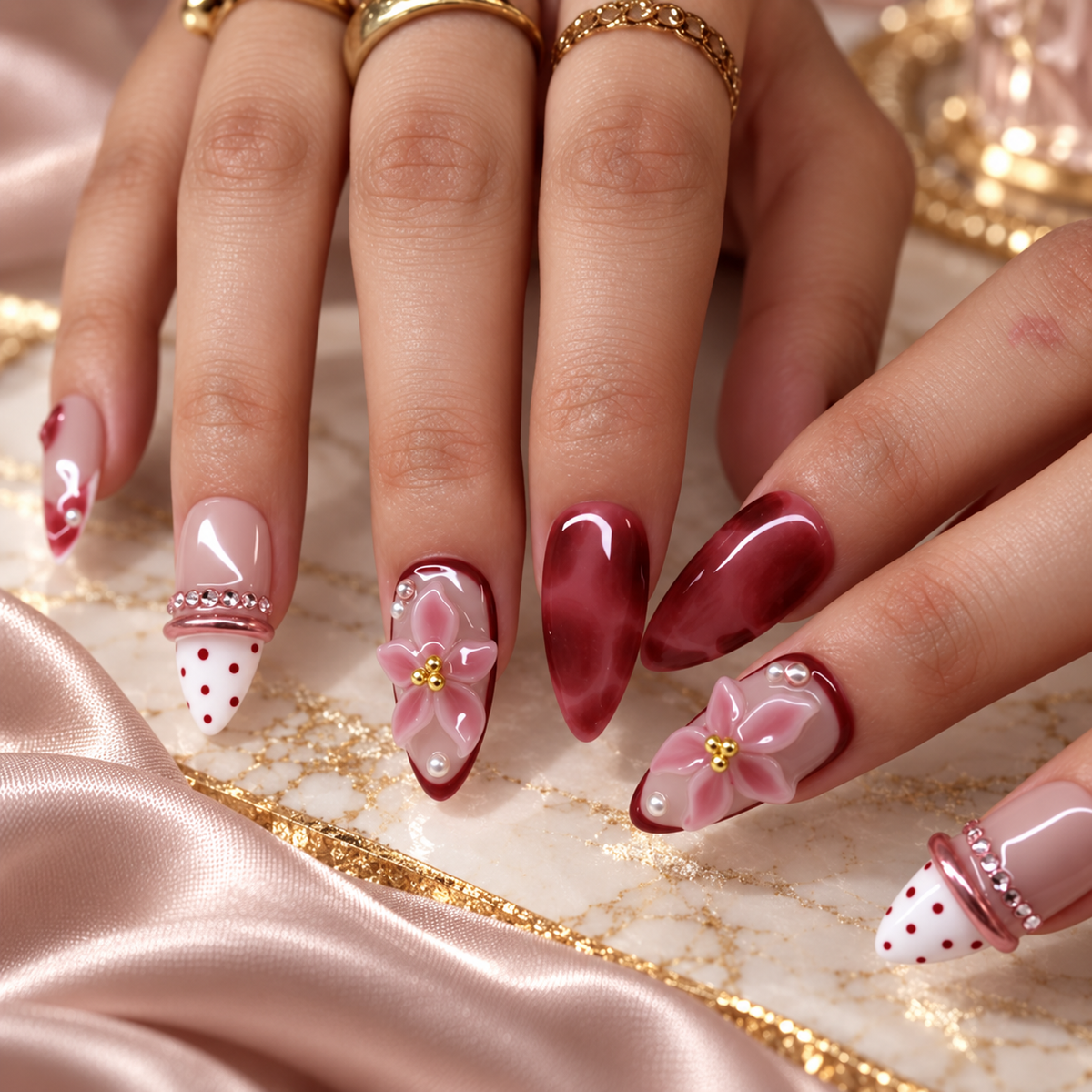 Rouge Lily Red Marble Pink Lily Press On Nails