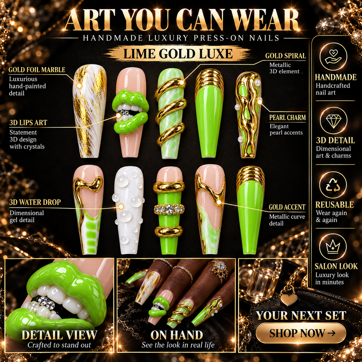 Lime Bite Lime Green Gold Chrome Press On Nails