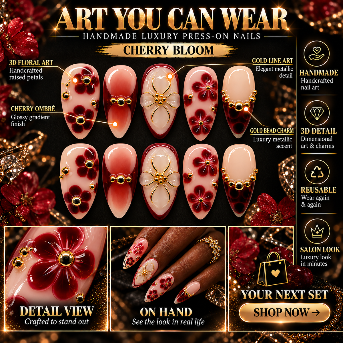 Merlot Blossom Burgundy Aura Floral Press On Nails