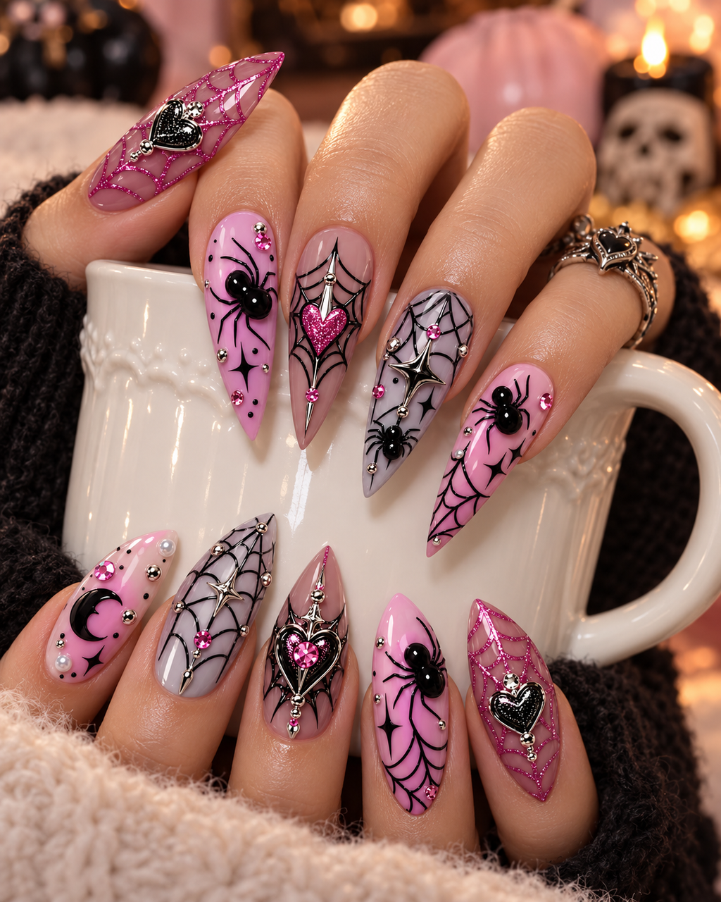 Pink Widow Halloween Press On Nails – Cute Spider Nail Set - HW017