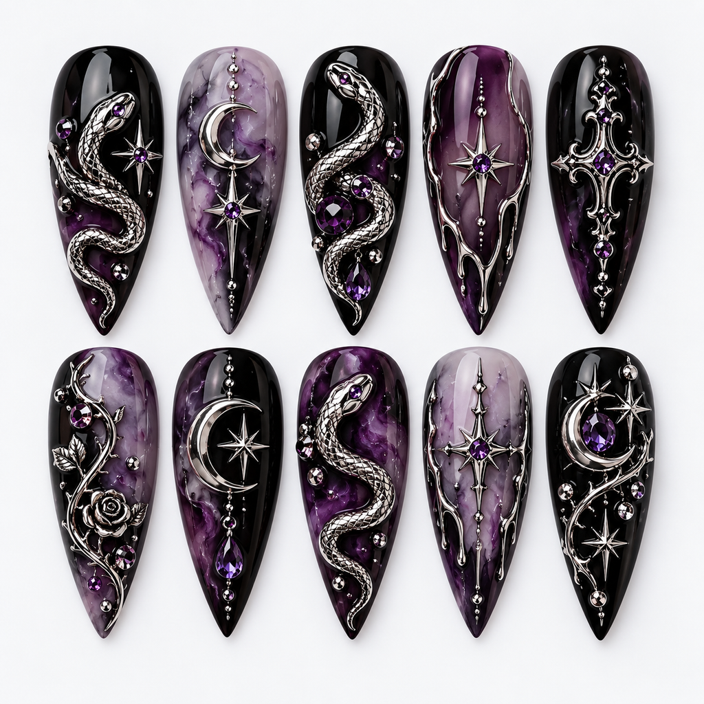 Amethyst Serpent Halloween Press On Nails – Luxury Snake Nail Set - HW005