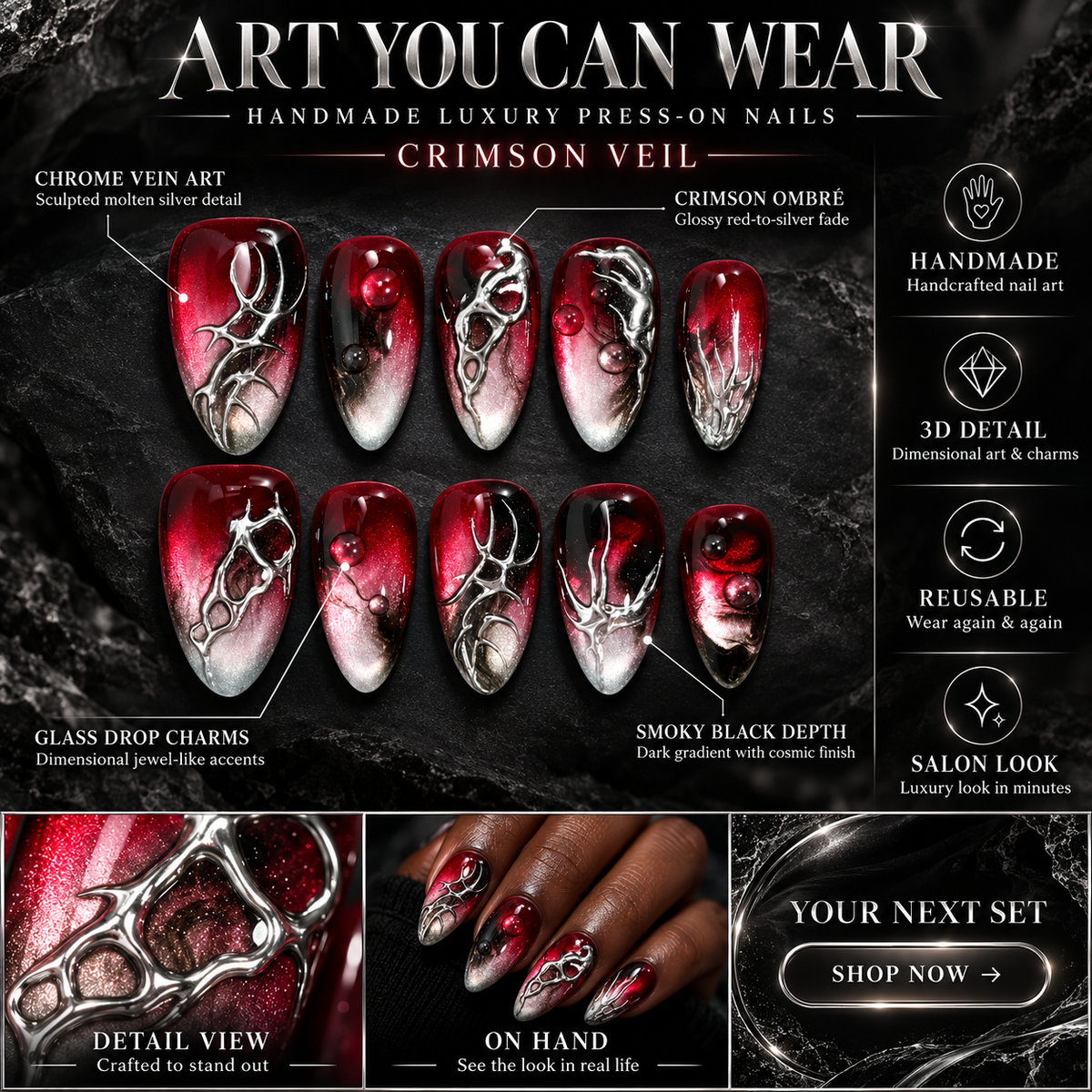 Thorn Queen Dark Red Chrome Gothic Press On Nails