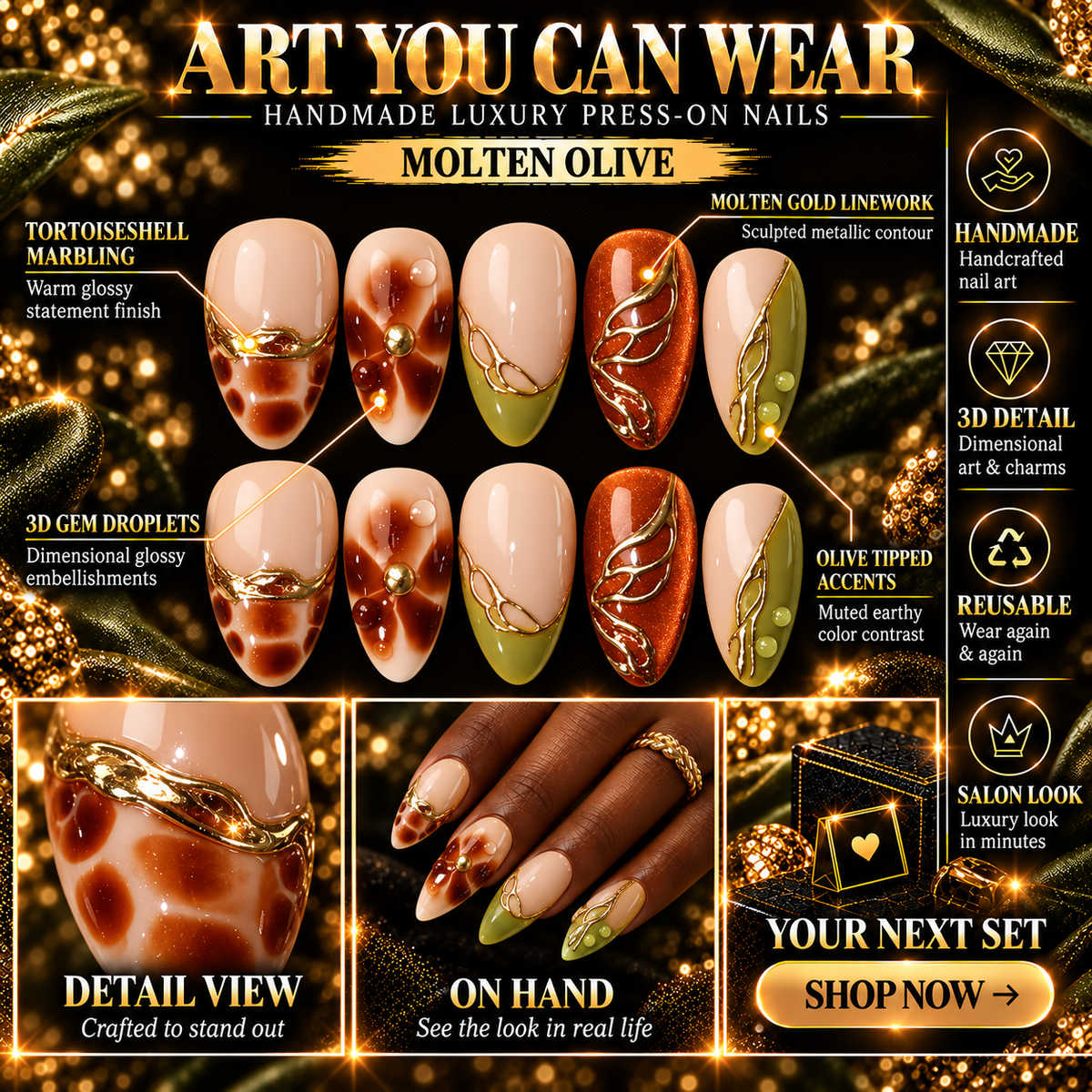 Amber Veins Autumn Cat Eye Gold Tortoise Press On Nails