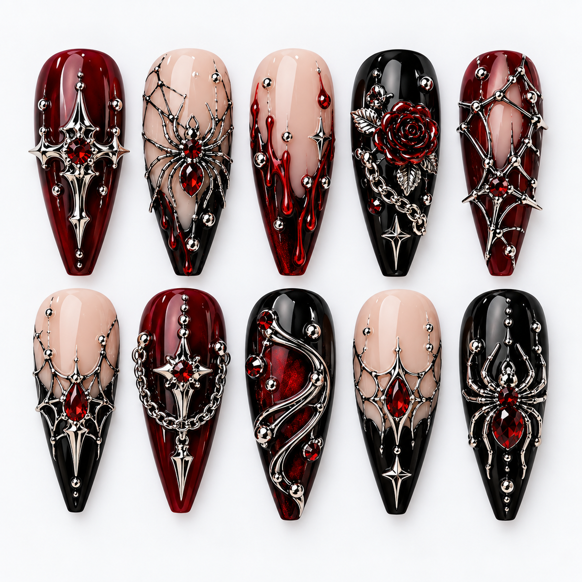 Blood Rose Web Halloween Press On Nails – Gothic Rose Nail Set _HW006