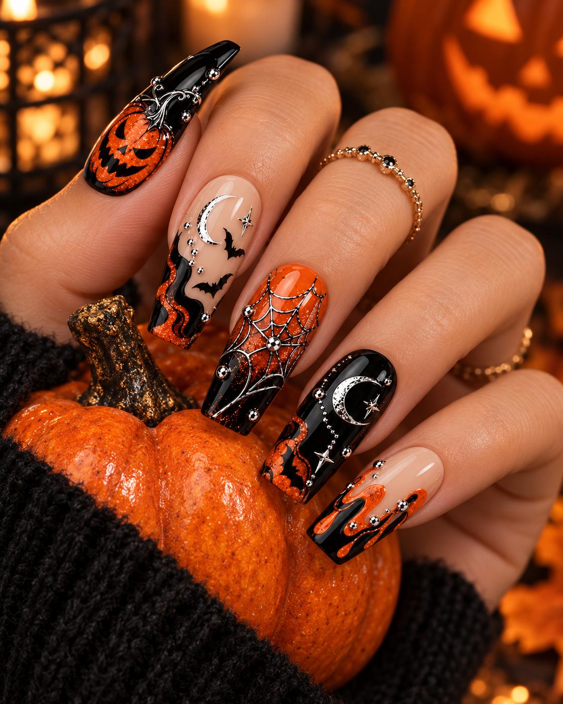 Pumpkin Midnight Halloween Press On Nails – Cute Pumpkin Nail Set
