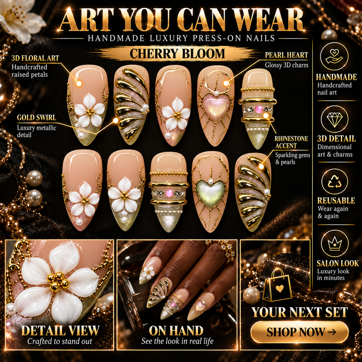 Golden Garden Gold Chrome Floral Heart Press On Nails