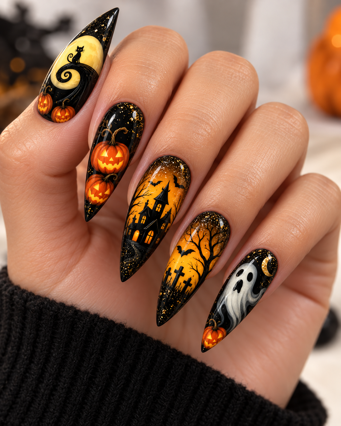 Haunted Storybook Halloween Press On Nails – Hand Painted Nail Set - HW016
