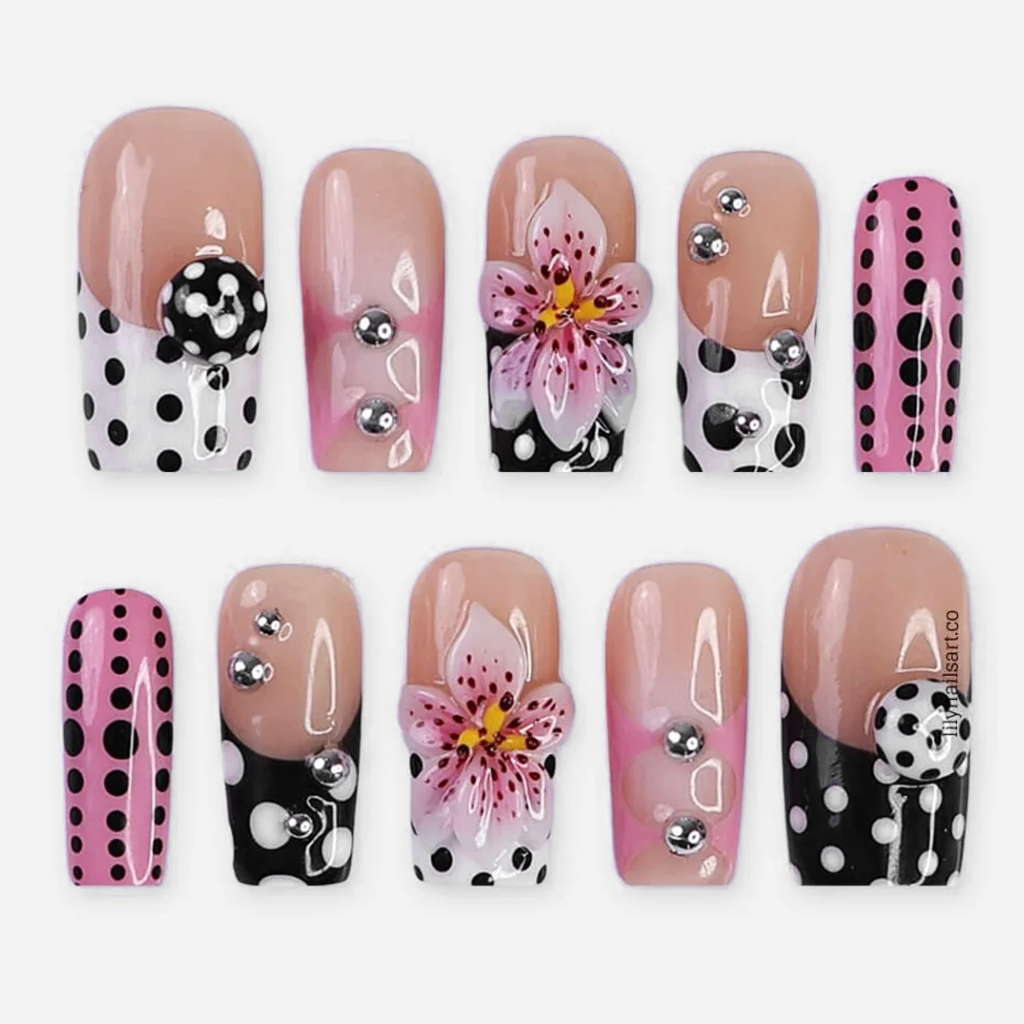 Dotty Lily Pink Polka Dot 3D Flower Press On Nails
