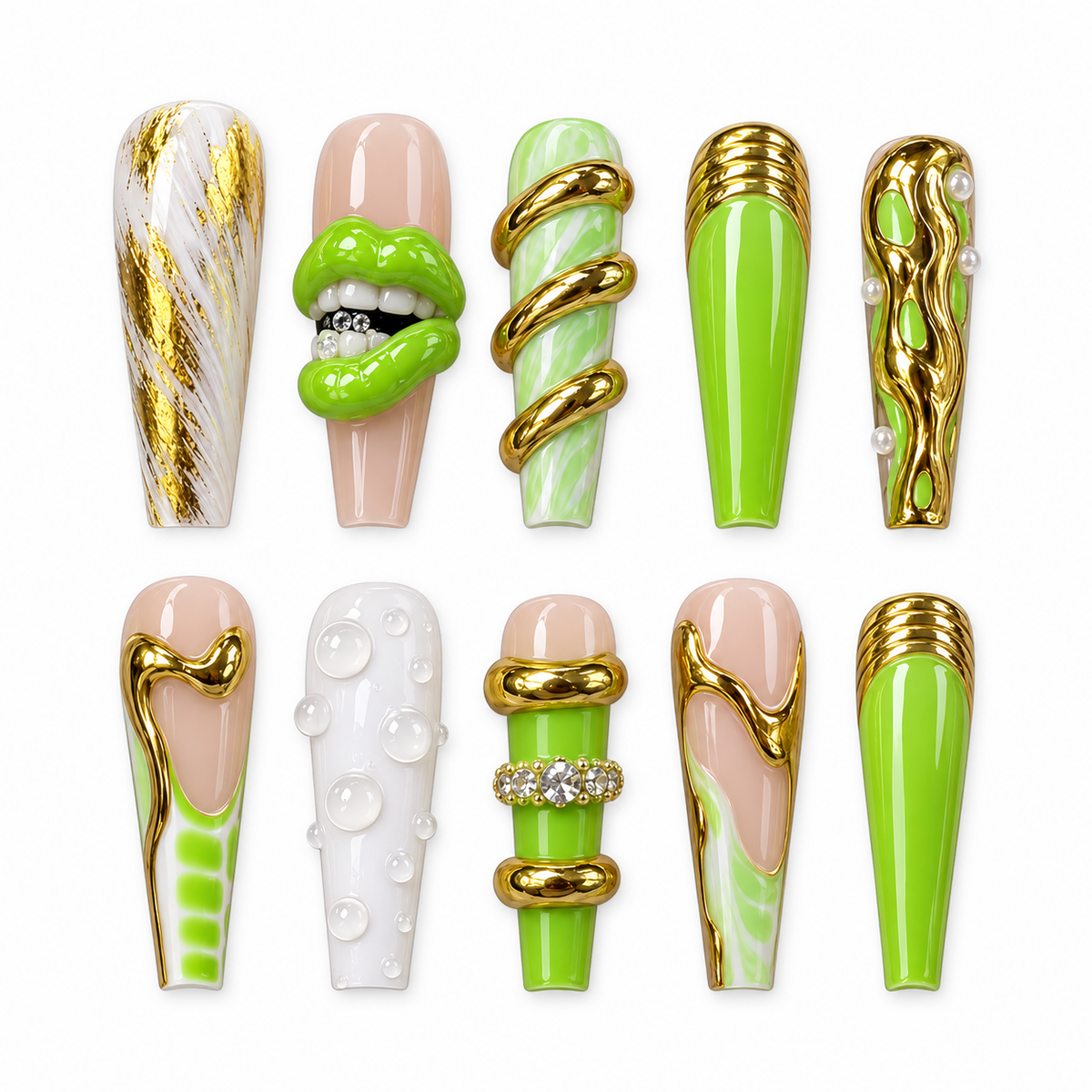 Lime Bite Lime Green Gold Chrome Press On Nails