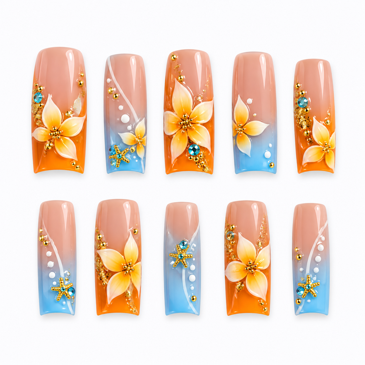 Sunset Plumeria Orange Blue Tropical Ombre Press On Nails