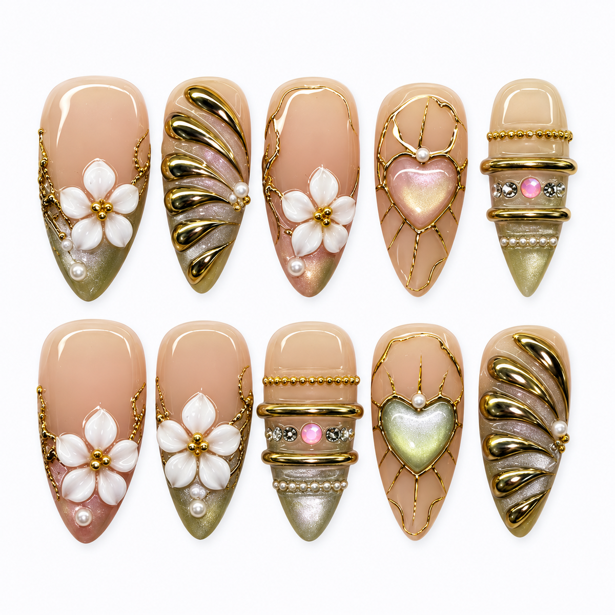 Golden Garden Gold Chrome Floral Heart Press On Nails