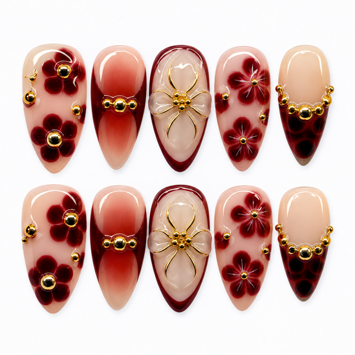 Merlot Blossom Burgundy Aura Floral Press On Nails