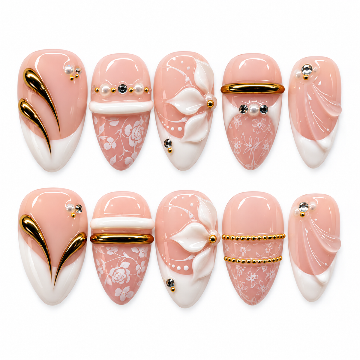 Blush Bride Pink White Lace Floral Press On Nails