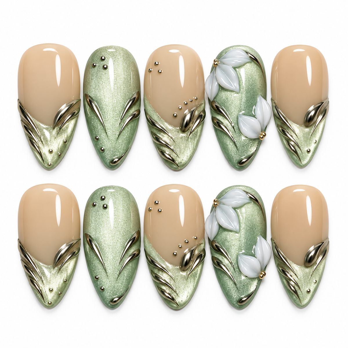 Sage Muse Sage Green Chrome Floral Press On Nails