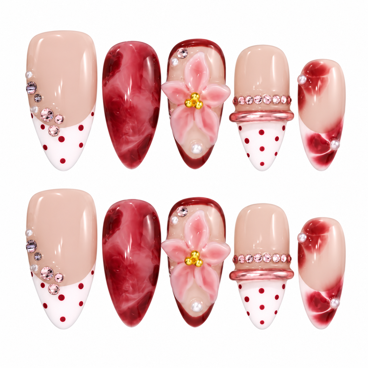 Rouge Lily Red Marble Pink Lily Press On Nails