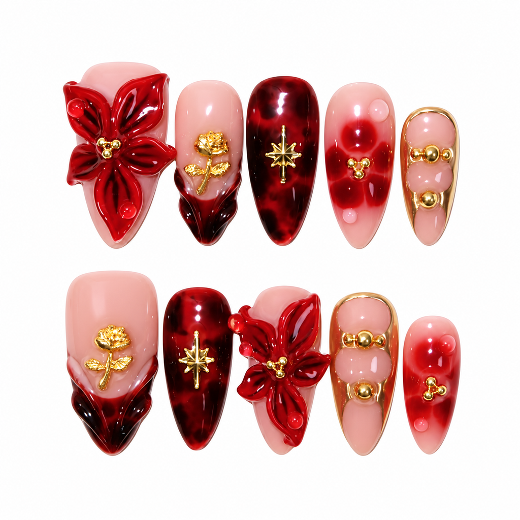Rose Gold Rouge Deep Red Tortoise Rose Charm Press On Nails