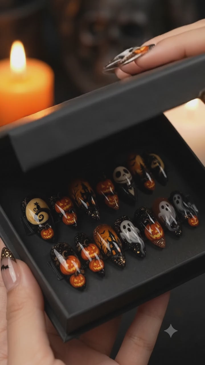 Haunted Storybook Halloween Press On Nails – Hand Painted Nail Set - HW016